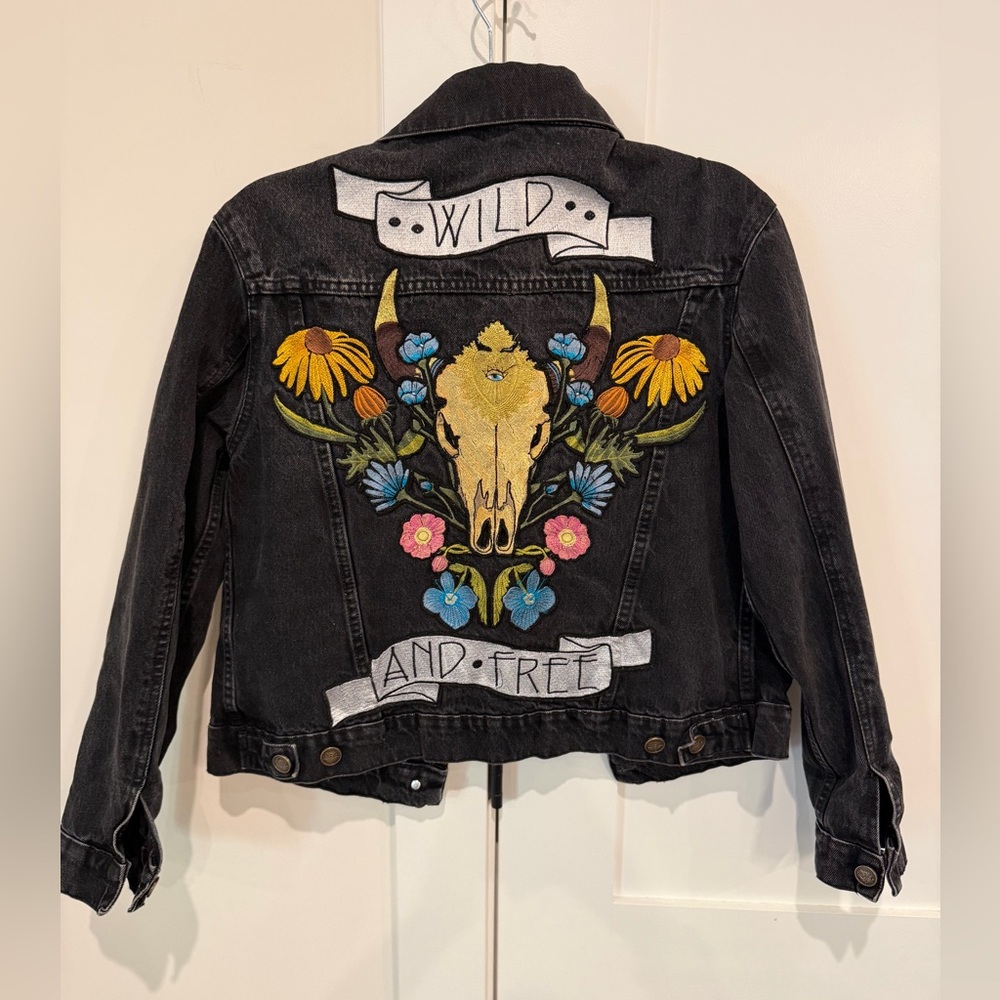 DENIM & BONE Wild and Free Black Denim Jacket Oversized Sz Small Free People - Picture 12 of 16